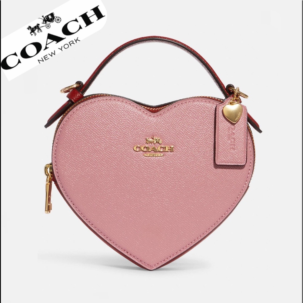 NWT COACH HEART CROSSBODY IN COLORBLOCK LEATHER TOP HANDLE GOLD/TRUE PINK - Picture 1 of 14